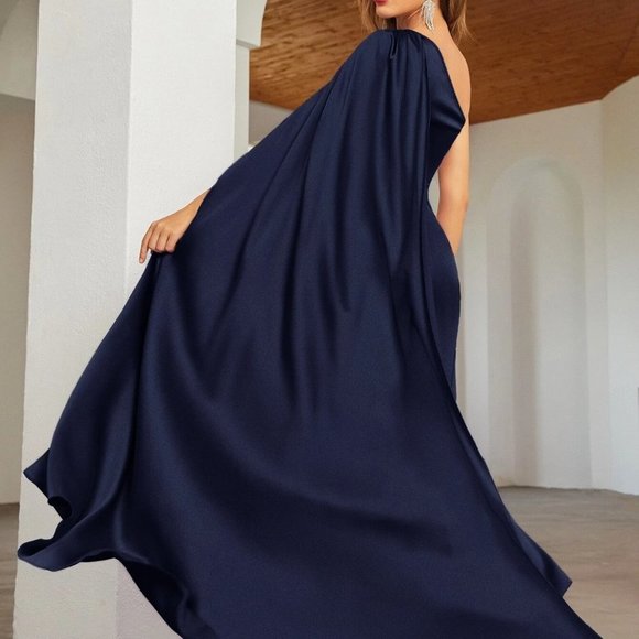 Navy Blue Womens One Shoulder Cloak Sleeve Wrap Hem Solid Bridesmaid … - Picture 2 of 5